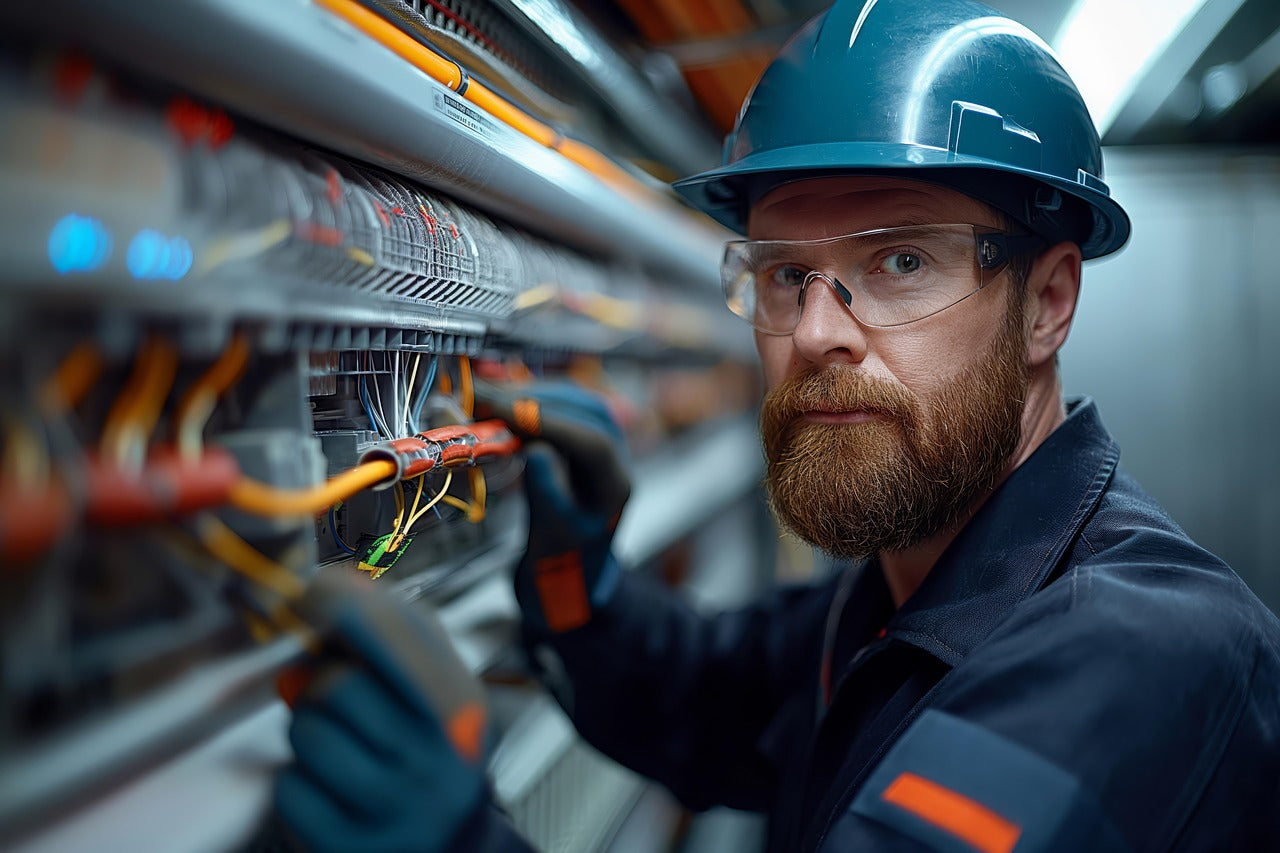 Imagen de un electricista trabajando en una instalación eléctrica, asegurando un sistema eléctrico seguro y eficiente en un hogar.